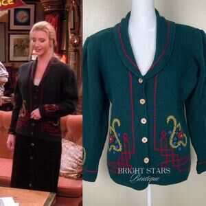 Rare Vintage Hand Embroidered Cardigan ASO Phoebe Buffay Friends Green Small